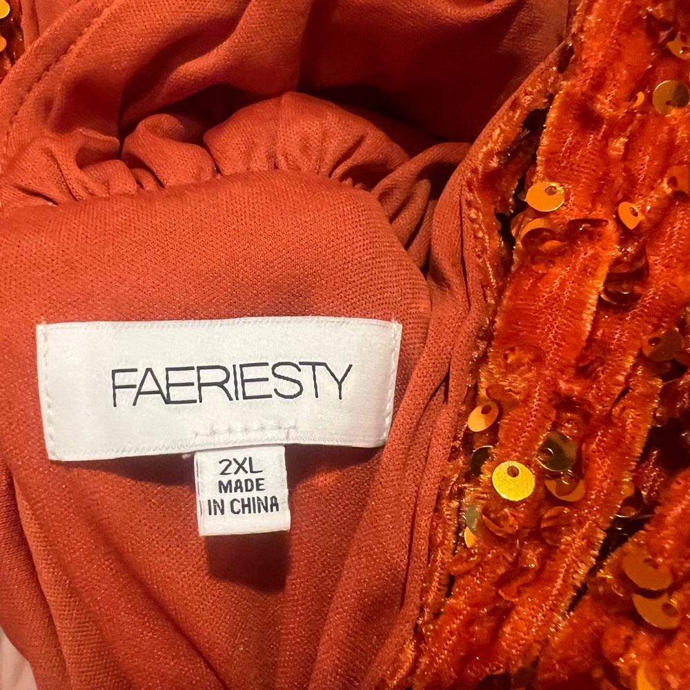 Orange Velvet Sequin Deep V Gown - Picture 3 of 7